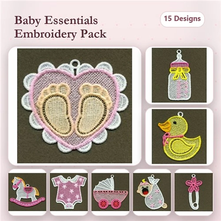FSL Baby Essentials Embroidery Designs Bundle – Baby Feet, Baby Bottle, Rubber Duck & More (15 Designs)