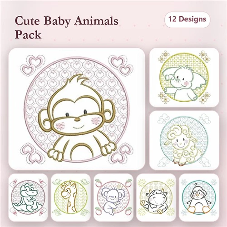 Redwork Cute Baby Animals Embroidery Bundle – Monkey, Elephant, Sheep & More (12 Designs)