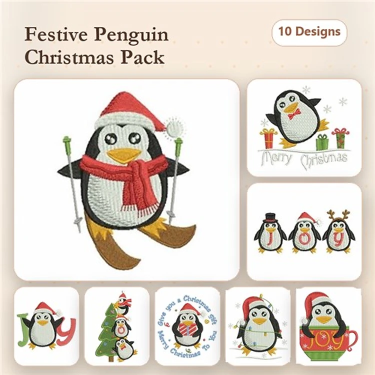 Festive Penguin Christmas Embroidery Bundle – Penguin with Scarf and Hat, Christmas Tree Penguin & More (10 Designs)