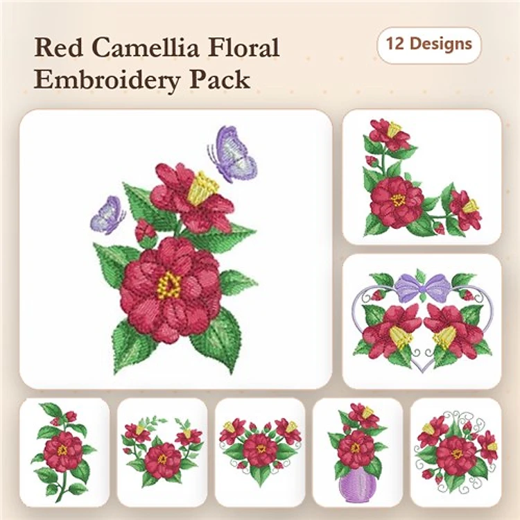 Red Camellia Floral Embroidery Bundle – Red Camellia with Butterfly, Red Camellia Heart, Decorative Red Camellia & More (12 Designs)