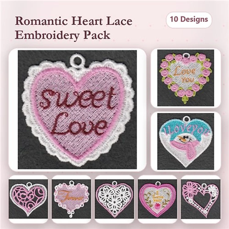 FSL Romantic Heart Lace Embroidery Designs Bundle – Sweet Love Heart, Lace Heart with Flowers, Rose Heart & More (10 Designs)