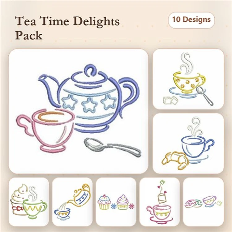 Redwork Tea and Dessert Embroidery Designs Bundle – Teapot, Cup and Saucer, Croissant & More (10 Designs)