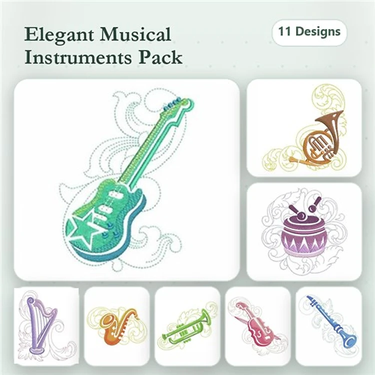 Musical Instruments Embroidery Designs Bundle – Guitar, French Horn, Drum, Harp & More (11 Designs)