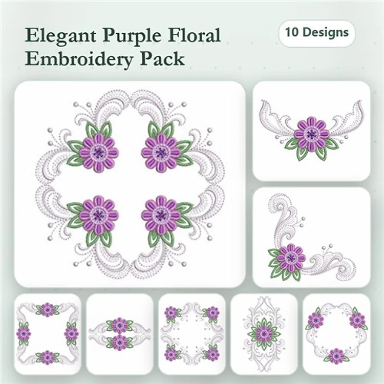Floral Embellishment Embroidery Bundle – Floral Corner, Decorative Frame, Elegant Arrangement & More (10 Designs)
