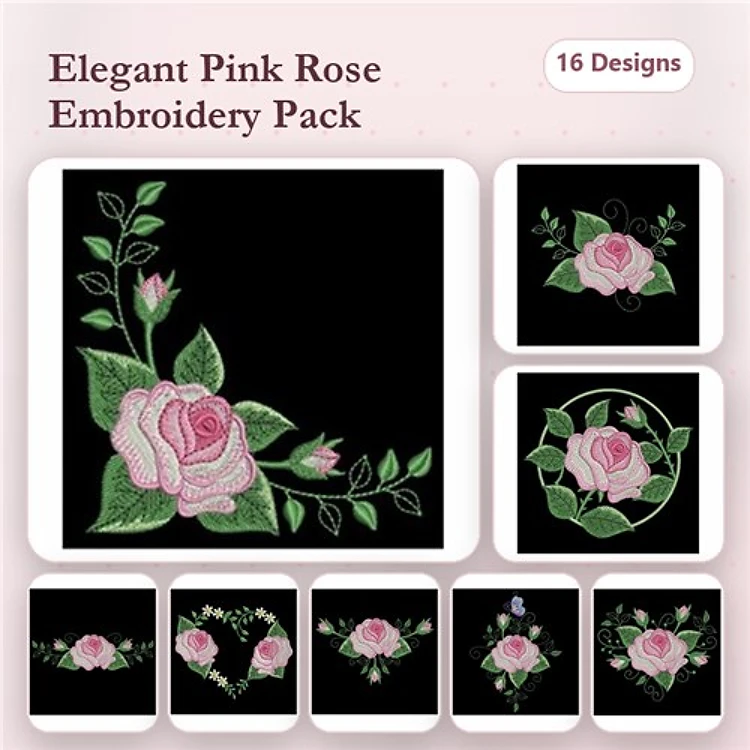 Floral Embroidery Designs Bundle – Elegant Pink Roses, Pink Rose with Leaves, Rose Wreath & More (16 Designs)