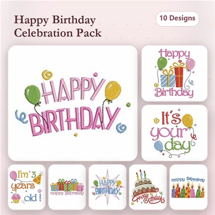 Birthday Celebration Embroidery Designs Bundle – Happy Birthday with Balloons, Birthday Cake with Candles & More (10 Designs)