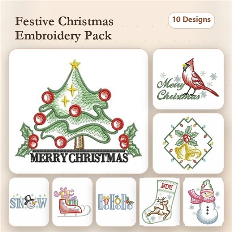 Christmas Embroidery Designs Bundle – Christmas Tree, Cardinal Bird, Snowman & More (10 Designs)