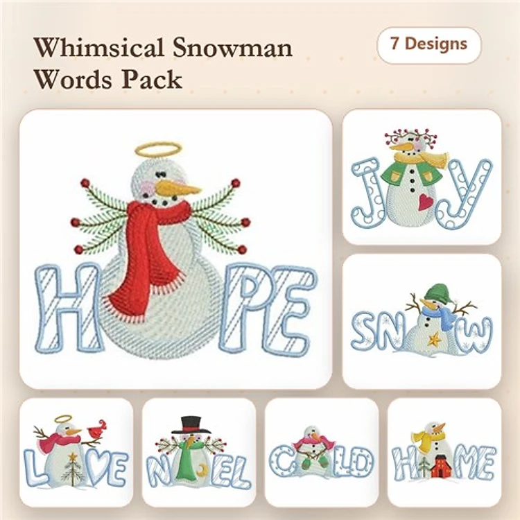 Snowman Word Art Embroidery Designs Bundle – Hope, Joy, Love, Noel & More (7 Designs)