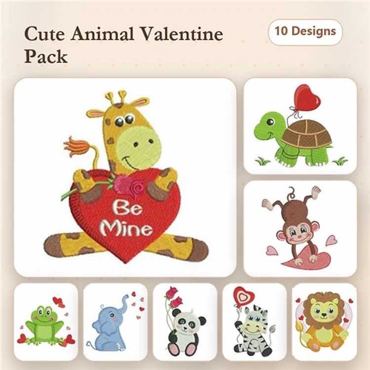 Cute Animal Valentine Embroidery Designs Bundle – Giraffe, Turtle, Monkey, Frog & More (10 Designs)