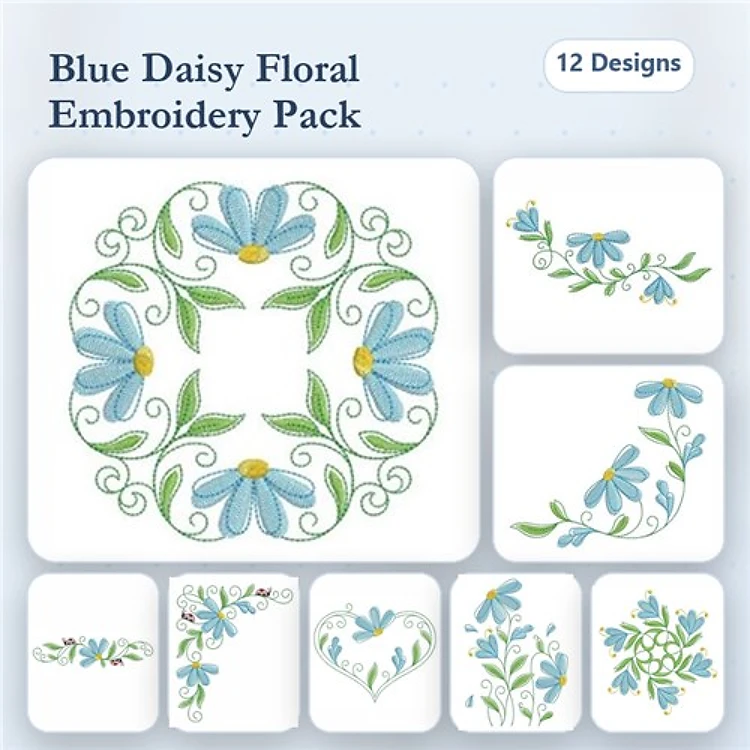 Floral Embellishments Embroidery Bundle – Blue Daisy Bouquet, Daisy Wreath, Floral Heart & More (12 Designs)