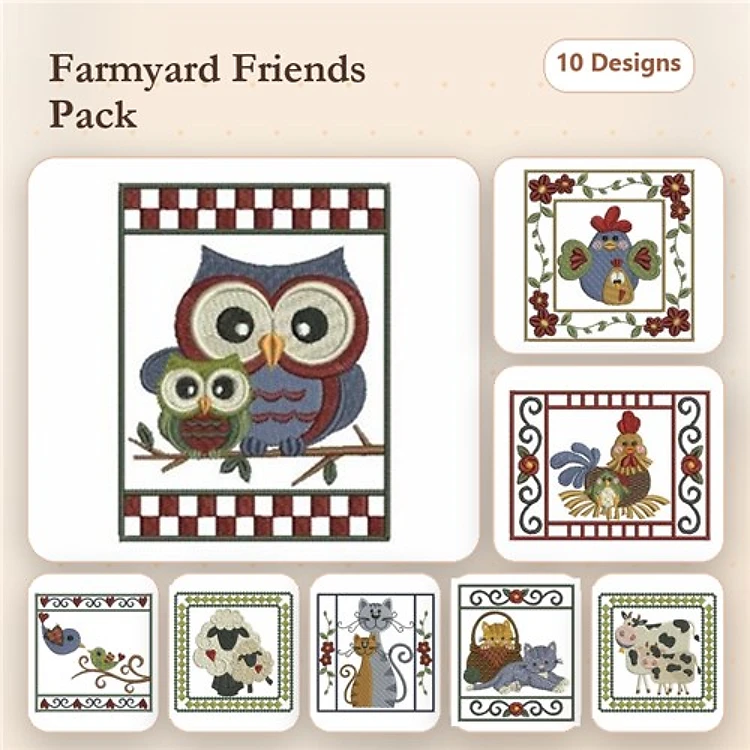 Farm Animal & Owl Family Embroidery Designs Bundle – Owl Family, Rooster, Sheep & More (10 Designs)