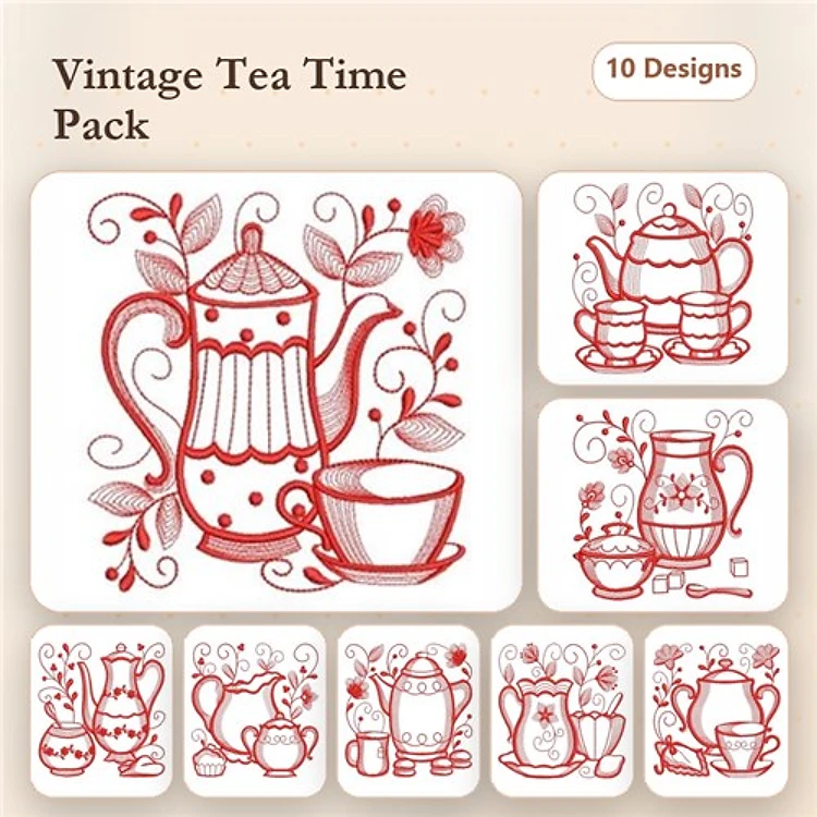 Redwork Tea Time Embroidery Designs Bundle – Teapot with Flower, Tea Cup, Sugar Bowl & More (10 Designs)