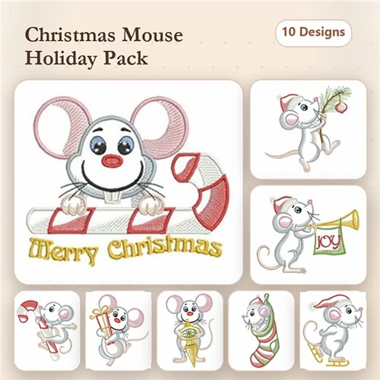 Christmas Mouse Embroidery Designs Bundle – Merry Christmas Mouse, Mouse with Candy Cane, Mouse with Gift & More (10 Designs)