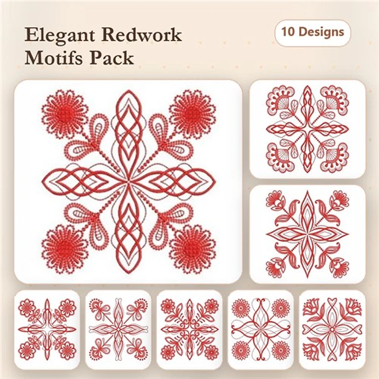 Redwork Elegant Floral & Abstract Embroidery Bundle – Floral Star, Lacy Flower, Intertwined Floral & More (10 Designs)