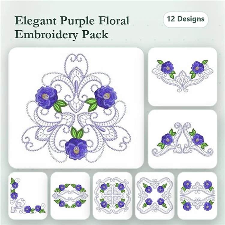 Purple Floral Embroidery Bundle – Floral Corner with Roses, Floral Border with Vines, Ornate Floral Motif & More (12 Designs)