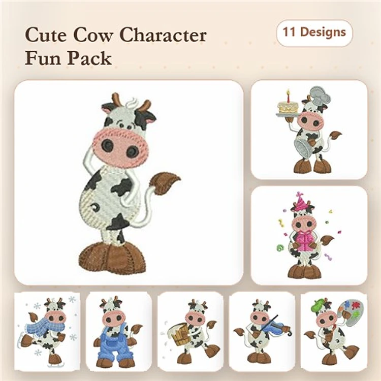 Cute Cow Characters Embroidery Bundle – Cow with Cake, Cow with Flower, Cow in Overalls & More (11 Designs)