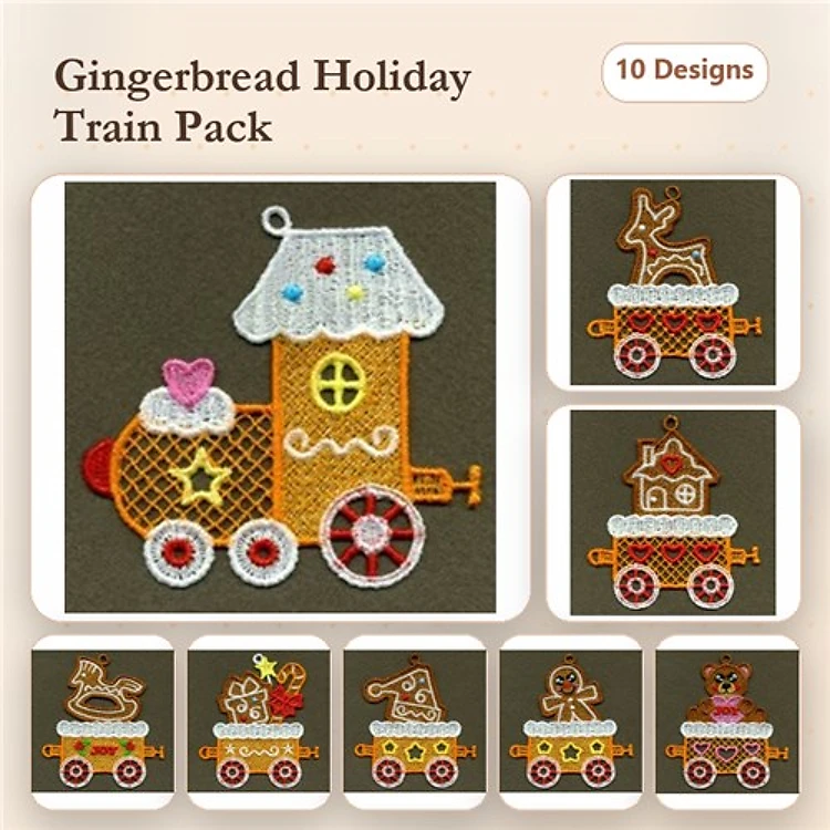FSL Gingerbread Holiday Train Embroidery Bundle – Gingerbread Engine, Reindeer Wagon, House Wagon & More (10 Designs)