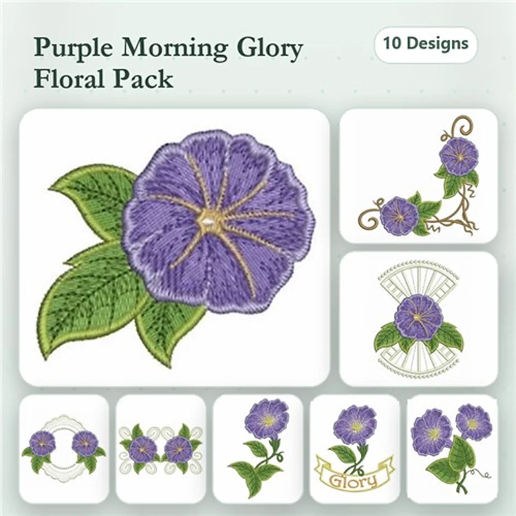 Floral Embroidery Bundle – Purple Morning Glory with Leaves, Morning Glory Wreath, & More (10 Designs)