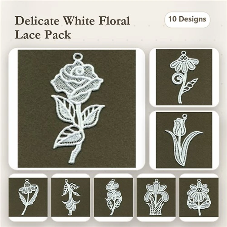 FSL Delicate Floral Lace Embroidery Bundle – Rose Lace, Daisy Lace, Tulip Lace & More (10 Designs)