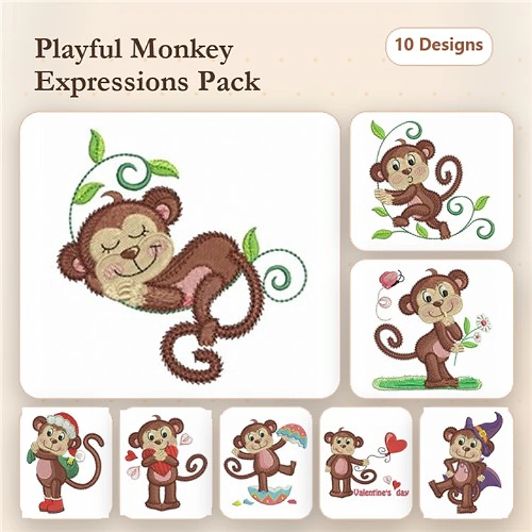 Playful Monkey Embroidery Bundle – Happy Monkey, Monkey with Heart, Monkey with Gift & More (10 Designs)