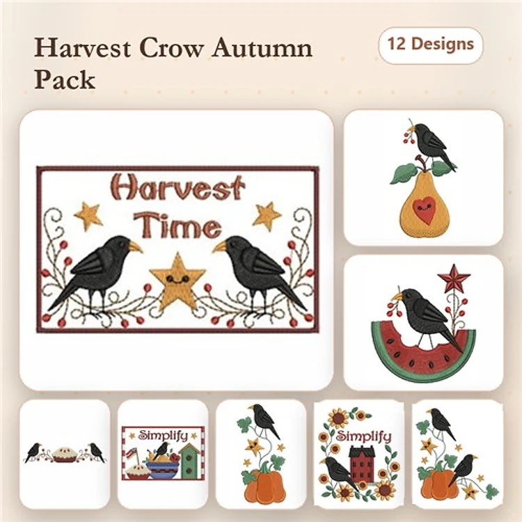 Harvest Crows Embroidery Designs Bundle – Autumn House, Pear with Crow, Pumpkin & More (12 Designs)