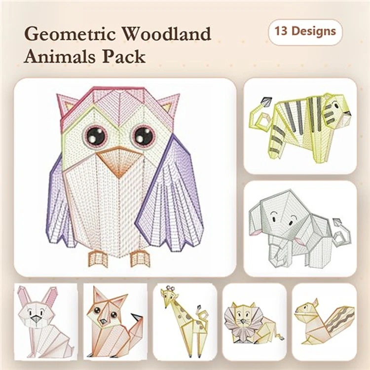 Geometric Woodland Animals Embroidery Designs Bundle – Owl, Tiger, Elephant, Bunny & More (13 Designs)