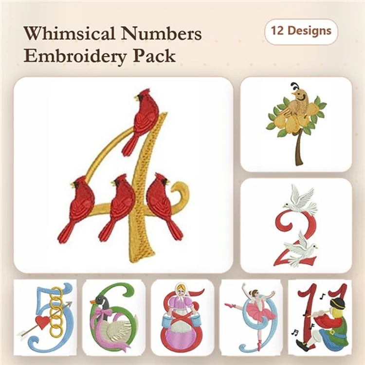 Whimsical Numbers Embroidery Designs Bundle – Cardinal Number 4, Bird on Branch Number 2, Number 1 with Dancer & More (12 Designs)