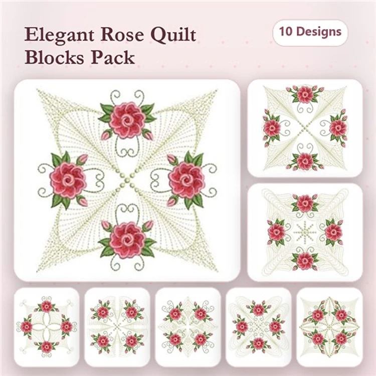 Rippled Elegant Rose Quilt Blocks Embroidery Bundle – Floral Design, Lace Detail, Curved Patterns & More (10 Designs)