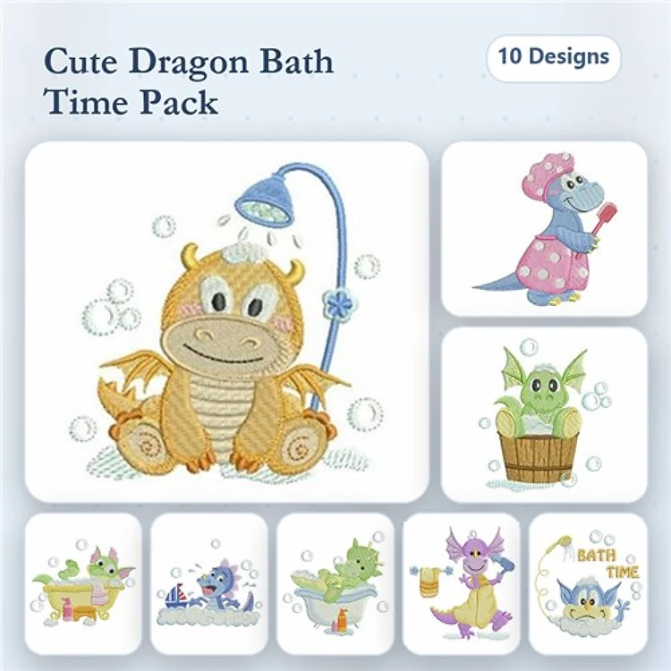 Cute Dragon Bath Time Embroidery Designs Bundle – Singing Dragon in Shower, Dragon with Soap, & More (10 Designs)