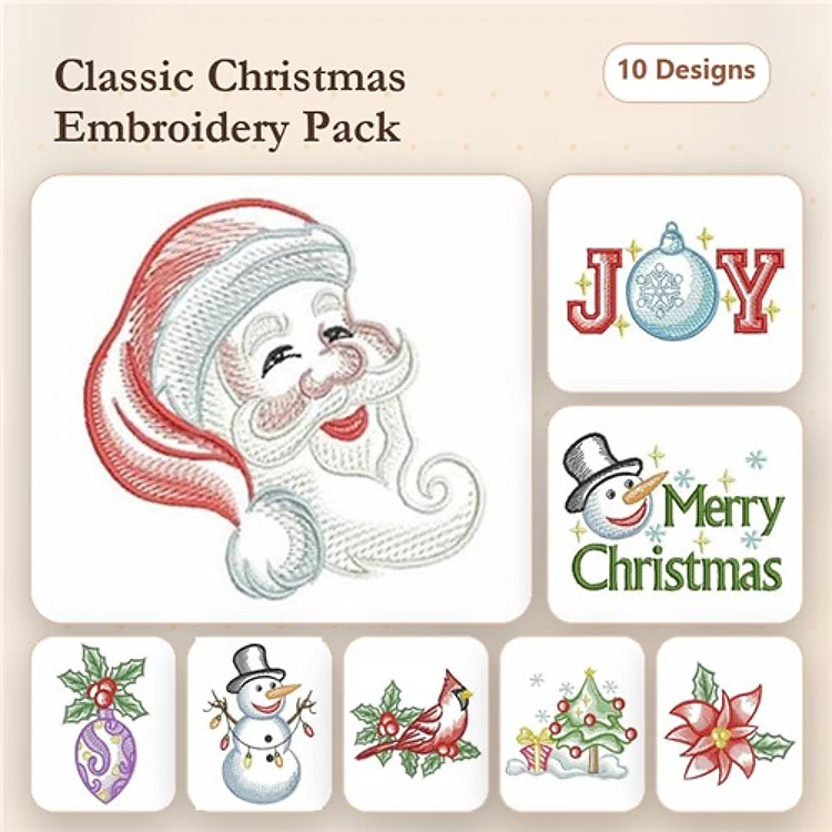 Classic Christmas Embroidery Designs Bundle – Santa Claus, Joy, Christmas Ornament & More (10 Designs)