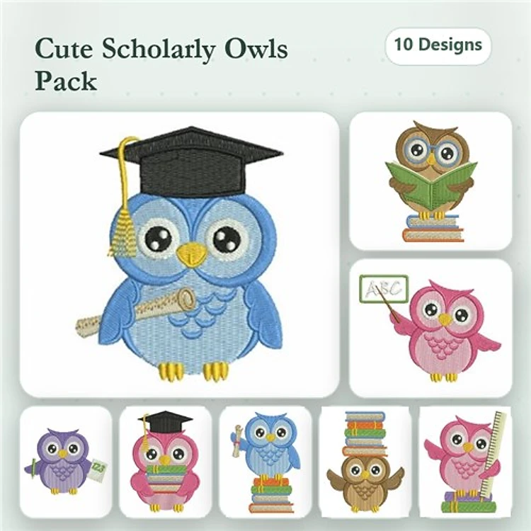 Scholarly Owls Embroidery Designs Bundle – Graduation Owl, Owl with Books, Owl Reading a Book & More (10 Designs)