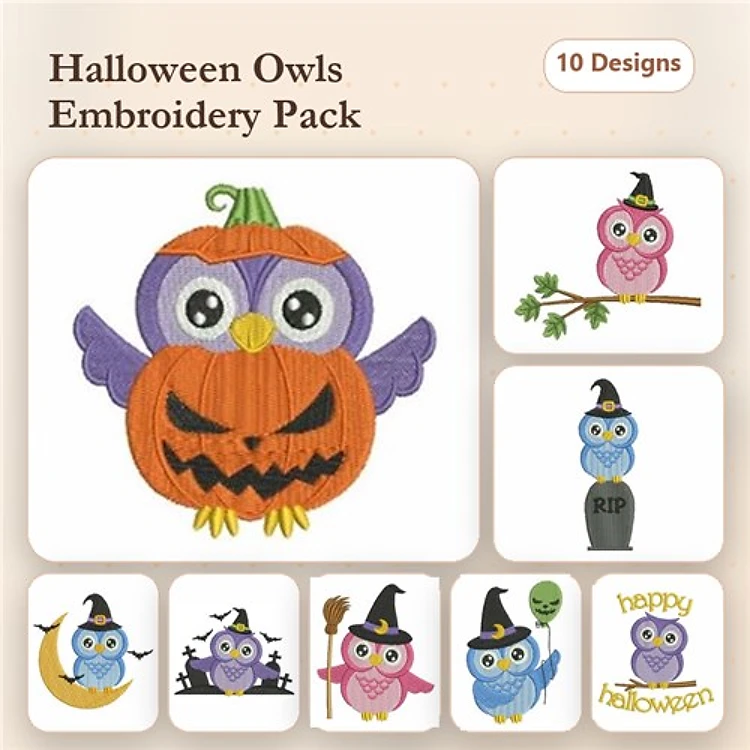 Halloween Owls Embroidery Designs Bundle – Owl with Pumpkin, Pink Owl with Witch Hat, Blue Owl with Ghost & More (10 Designs)