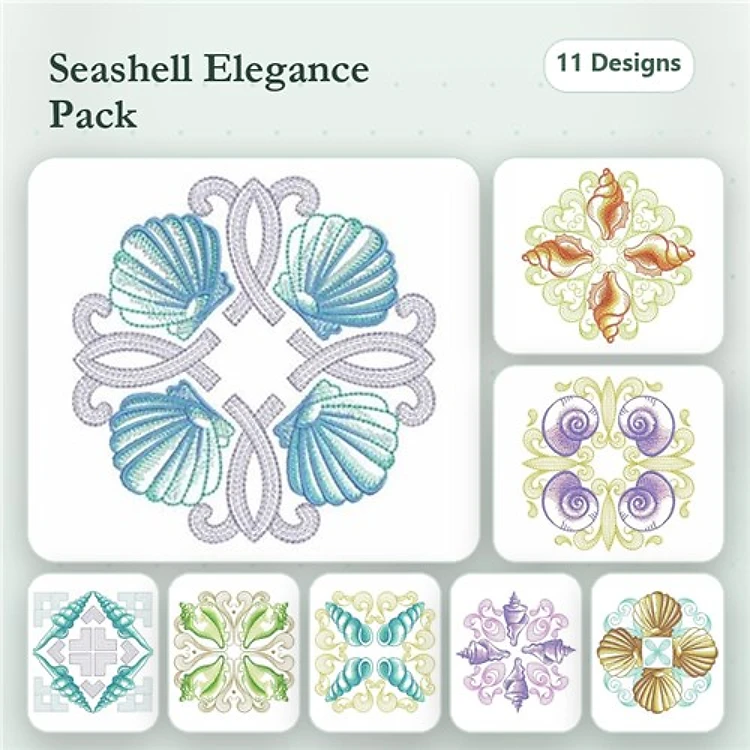 Seashell & Floral Embroidery Designs Bundle – Blue Seashell, Colorful Floral Seashell, Intricate Seashell Art & More (11 Designs)