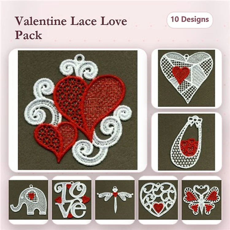 FSL Valentine Lace Embroidery Designs Bundle – Lace Heart with Swirls, Floral Lace Heart, Lace Love & More (10 Designs)