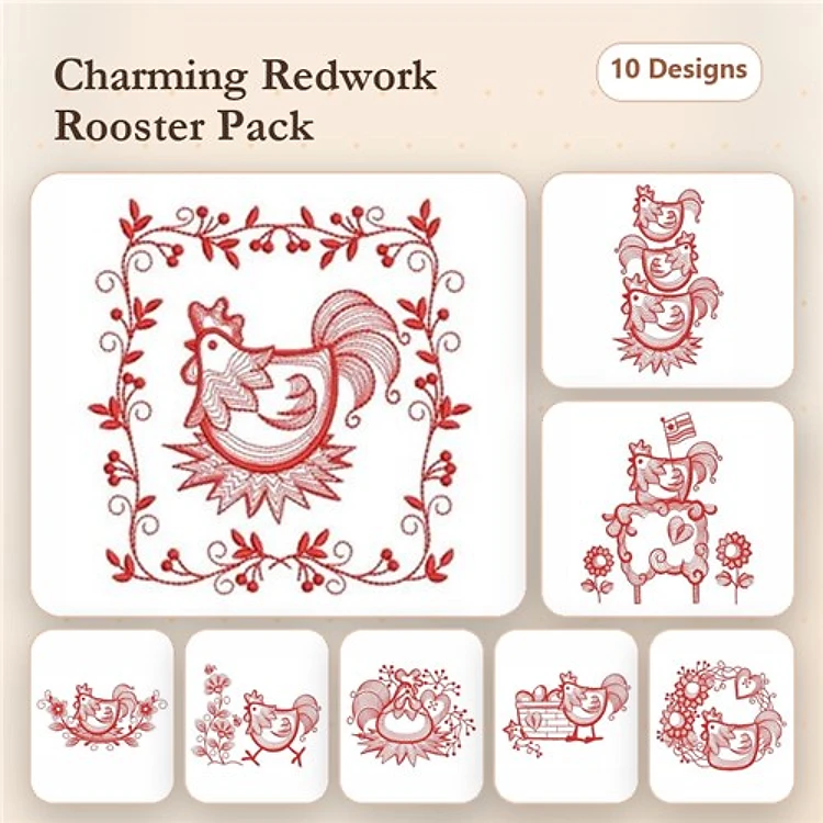 Redwork Rooster Embroidery Bundle – Rooster on Nest, Stacked Roosters, Rooster with Hat & More (10 Designs)