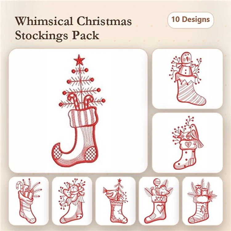 Redwork Christmas Stockings Embroidery Designs Bundle – Tree, Snowman, Angel & More (10 Designs)