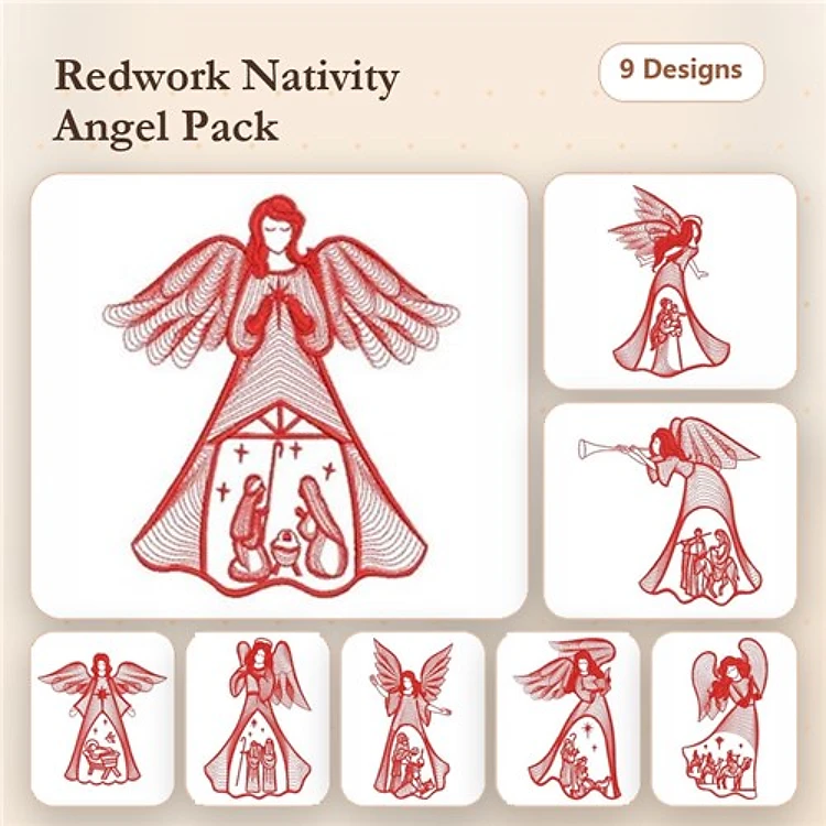 Redwork Nativity Angels Embroidery Designs Bundle – Angel with Praying Hands, Angel with Trumpet, & More (9 Designs)