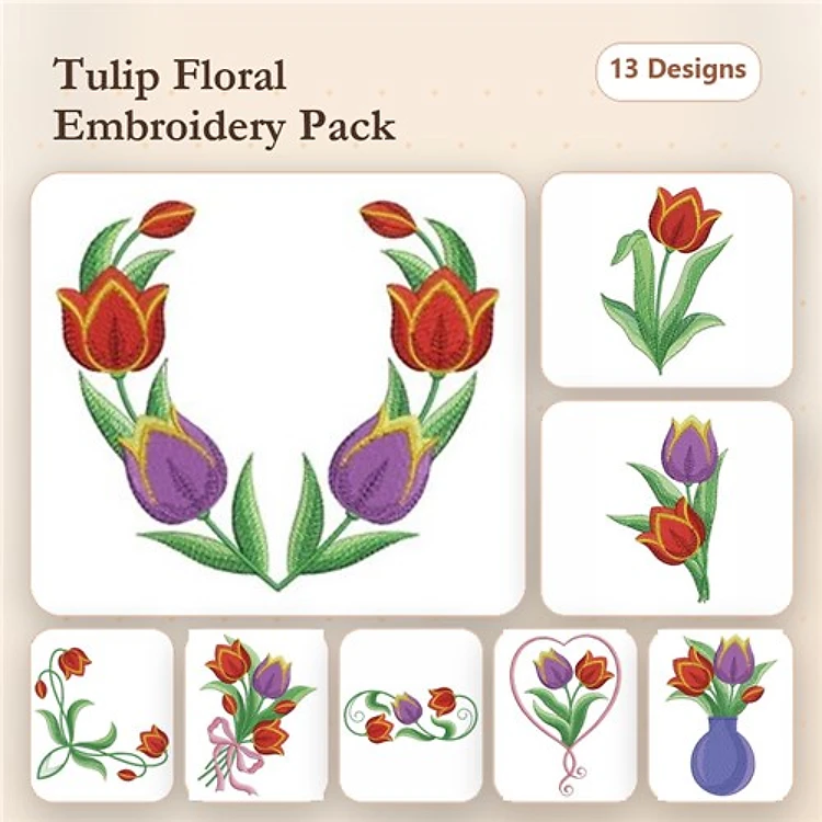 Tulip Floral Embroidery Designs Bundle – Tulip Wreath, Red Tulip Bouquet, Purple Tulip Bouquet & More (13 Designs)
