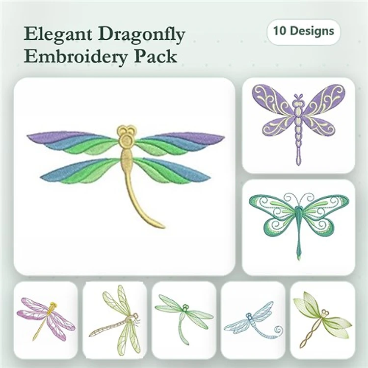 Elegant Dragonfly Embroidery Bundle – Ornate Dragonfly, Colorful Dragonfly, Detailed Dragonfly with Floral Elements & More (10 Designs)