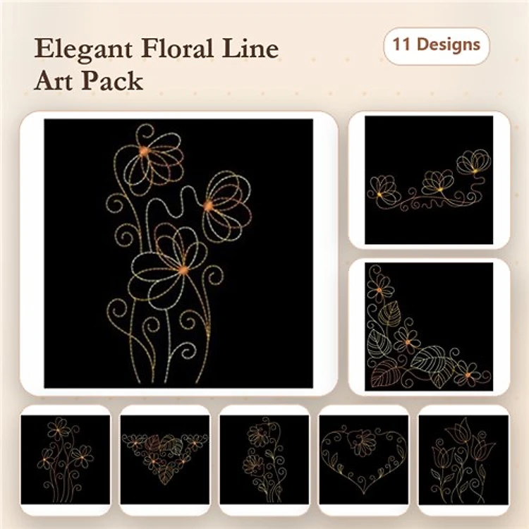 Redwork Floral Line Art Embroidery Designs Bundle – Flower Bouquet, Floral Heart Outline, Decorative Floral Border & More (11 Designs)