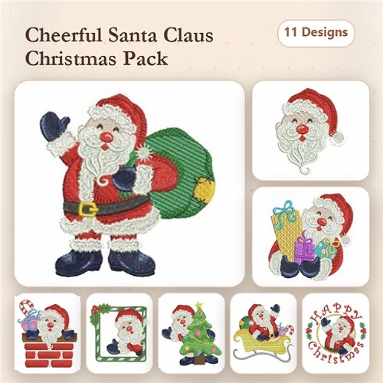 Cheerful Santa Claus Embroidery Designs Bundle – Santa with Bag, Christmas Tree, Happy Christmas Text & More (11 Designs)