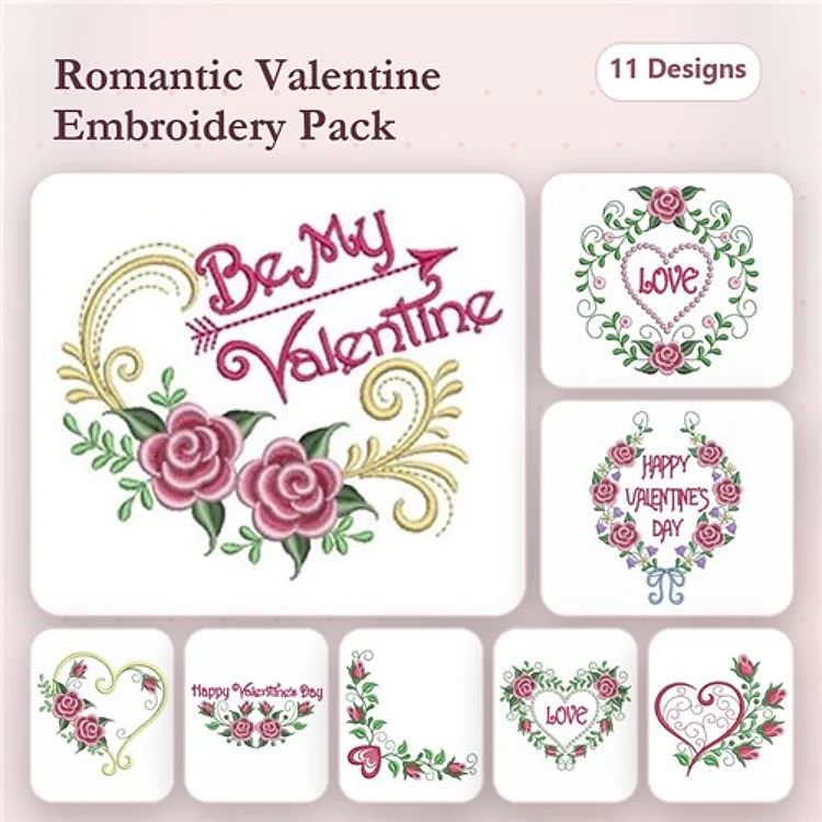 Valentine's Day Embroidery Bundle – Be My Valentine, Valentine Roses, Happy Valentine's Day & More (11 Designs)