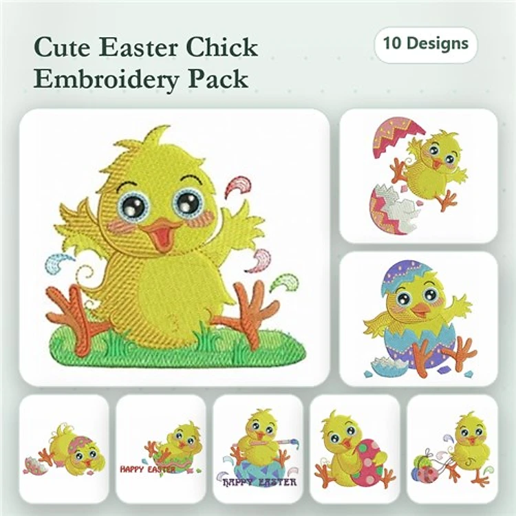 Cute Easter Chicks Embroidery Designs Bundle – Chick with Candy, Happy Easter Chick & More (10 Designs)