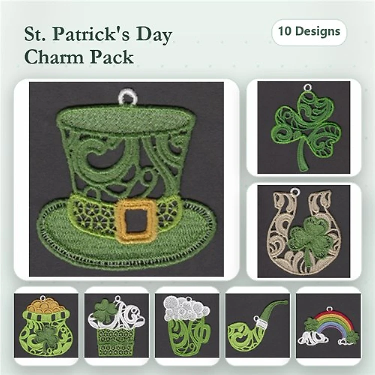FSL St. Patrick's Day Embroidery Bundle – Leprechaun Hat, Shamrock, Horseshoe & More (10 Designs)