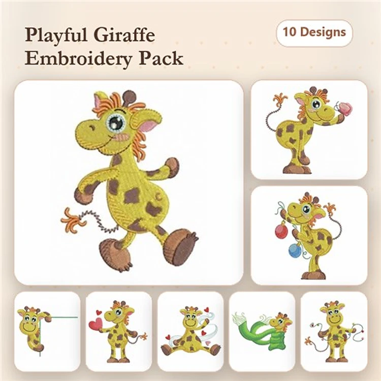 Playful Giraffe Embroidery Designs Bundle – Giraffe with Balloons, Dancing Giraffe, Giraffe with Gift & More (10 Designs)