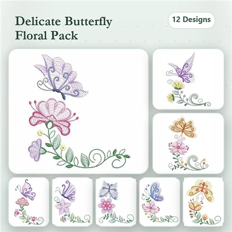 Rippled Butterfly & Flower Embroidery Designs Bundle – Floral Butterfly with Swirls, Flower with Two Butterflies, & More (12 Designs)
