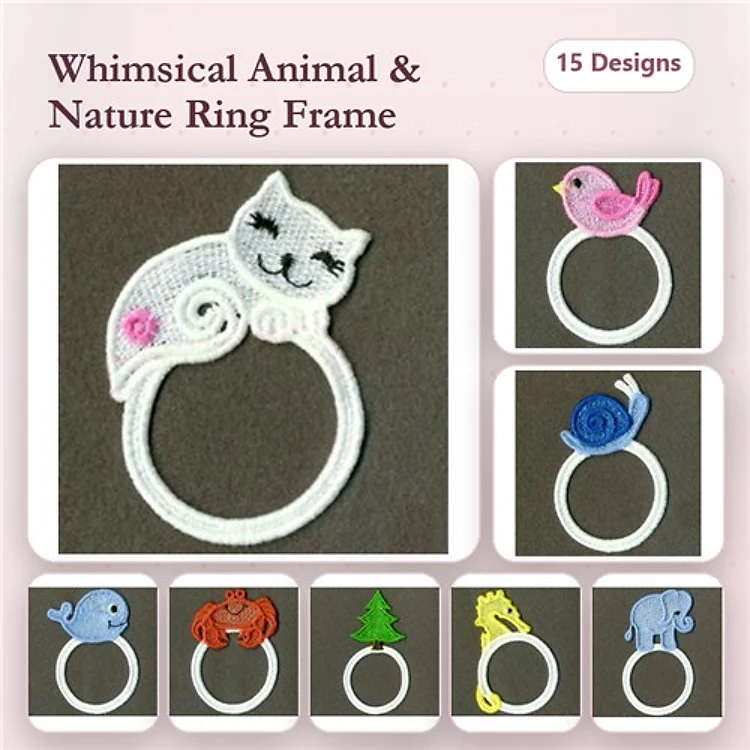 FSL Whimsical Animals Embroidery Designs Bundle – Cat, Bird, Snail, Whale & More (15 Designs)