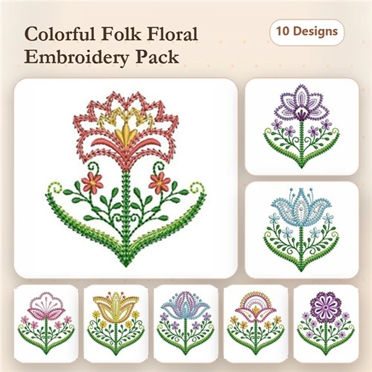 Colorful Floral Embroidery Bundle – Folk Floral Design 1, Folk Floral Design 2, Folk Floral Design 3 & More (10 Designs)