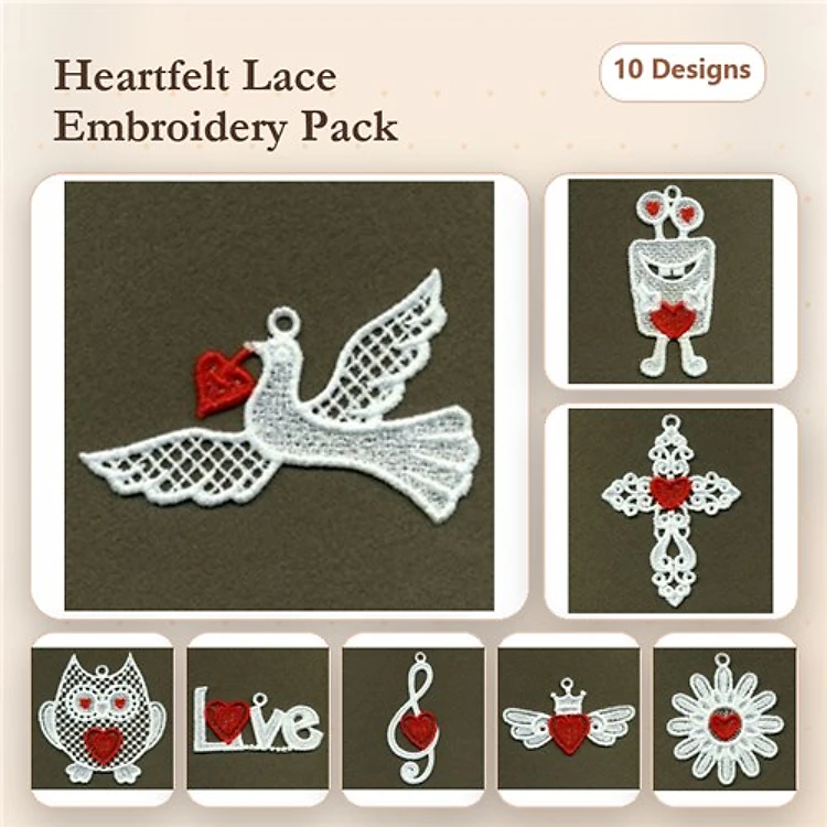 FSL Heartfelt Lace Embroidery Designs Bundle – Dove Ornament, Owl with Heart, Heart Cross & More (10 Designs)