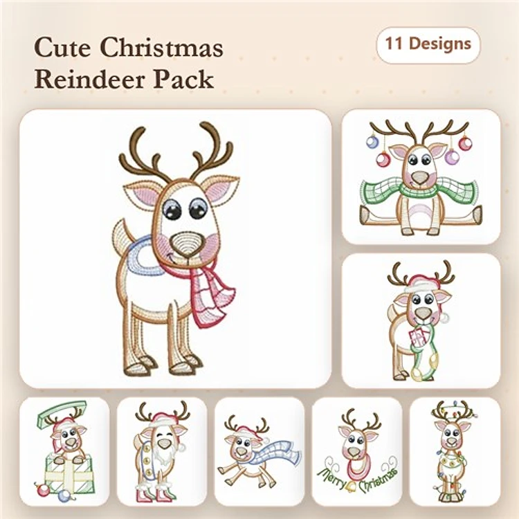 Cute Reindeer Embroidery Bundle – Reindeer with Scarf, Reindeer with Gift, Happy Reindeer & More (11 Designs)
